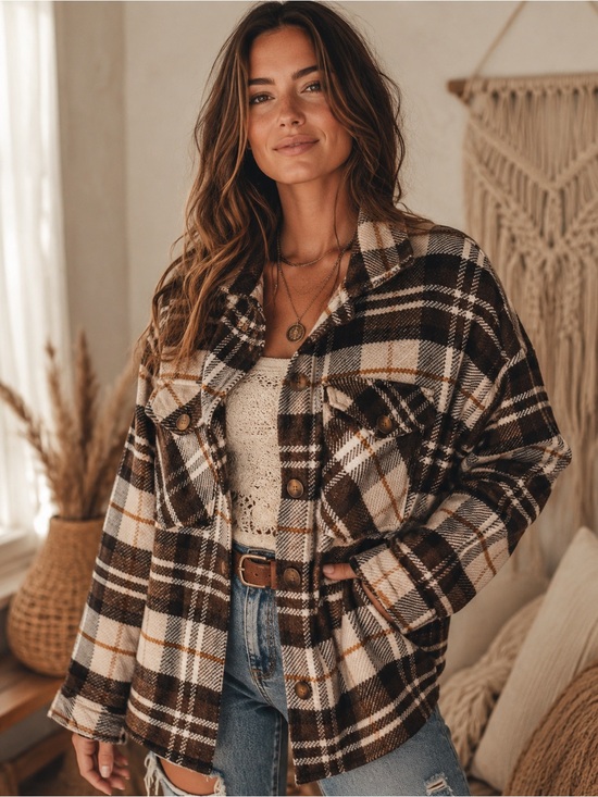Jackets & Blazers - Boho Neutral Plaid Oversized Shacket Jacket Button Front Cozy Layering Piece